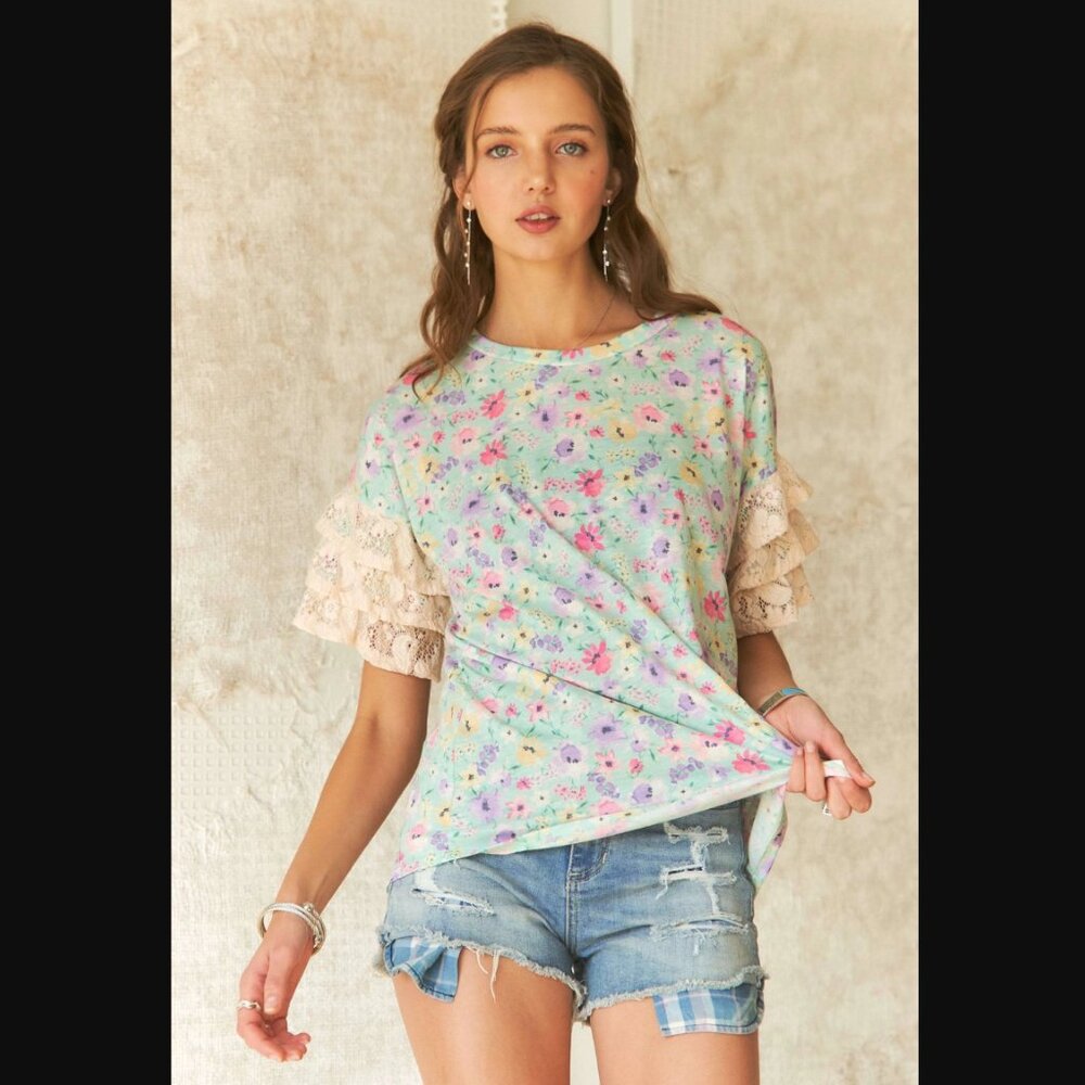 A641 ADORA Mint Green Floral Print Tiered Lace Sleeve